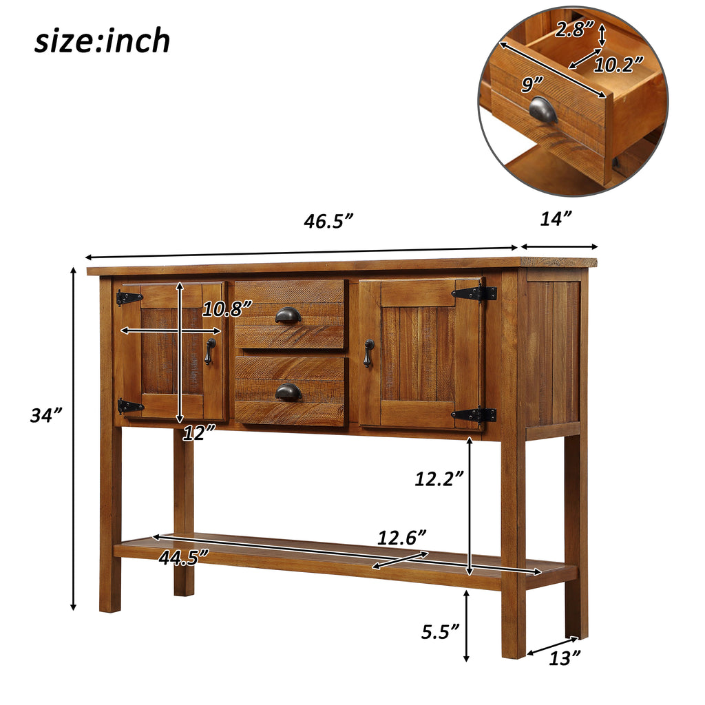 46'' Solid Wood Sideboard Console Table with 2 Drawers and Cabinets and Bottom Shelf, Retro Style Storage Dining Buffet Server Cabinet for Living Room Kitchen Dining Room(Brown) - Grand Goldman Shop