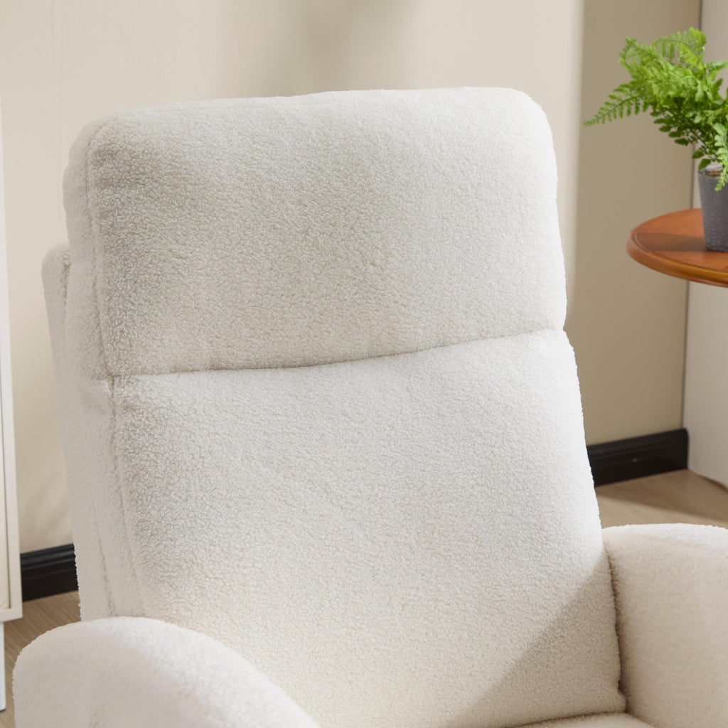 Modern Accent Rocking Chair Rocking Chair with Solid Wood Legs, Upholstered Nursery Glider Rocker, Comfy Armchair with Side Pocket, Living Room Lounge Arm Chair with High Backrest (white,teddy) - Grand Goldman Shop
