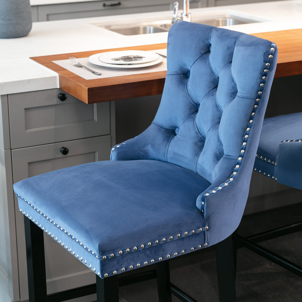 Contemporary Velvet Upholstered Barstools with Button Tufted Decoration and Wooden Legs, and Chrome Nailhead Trim, Leisure Style Bar Chairs,Bar stools, Set of 2 (Blue),SW2002BL - Grand Goldman Shop