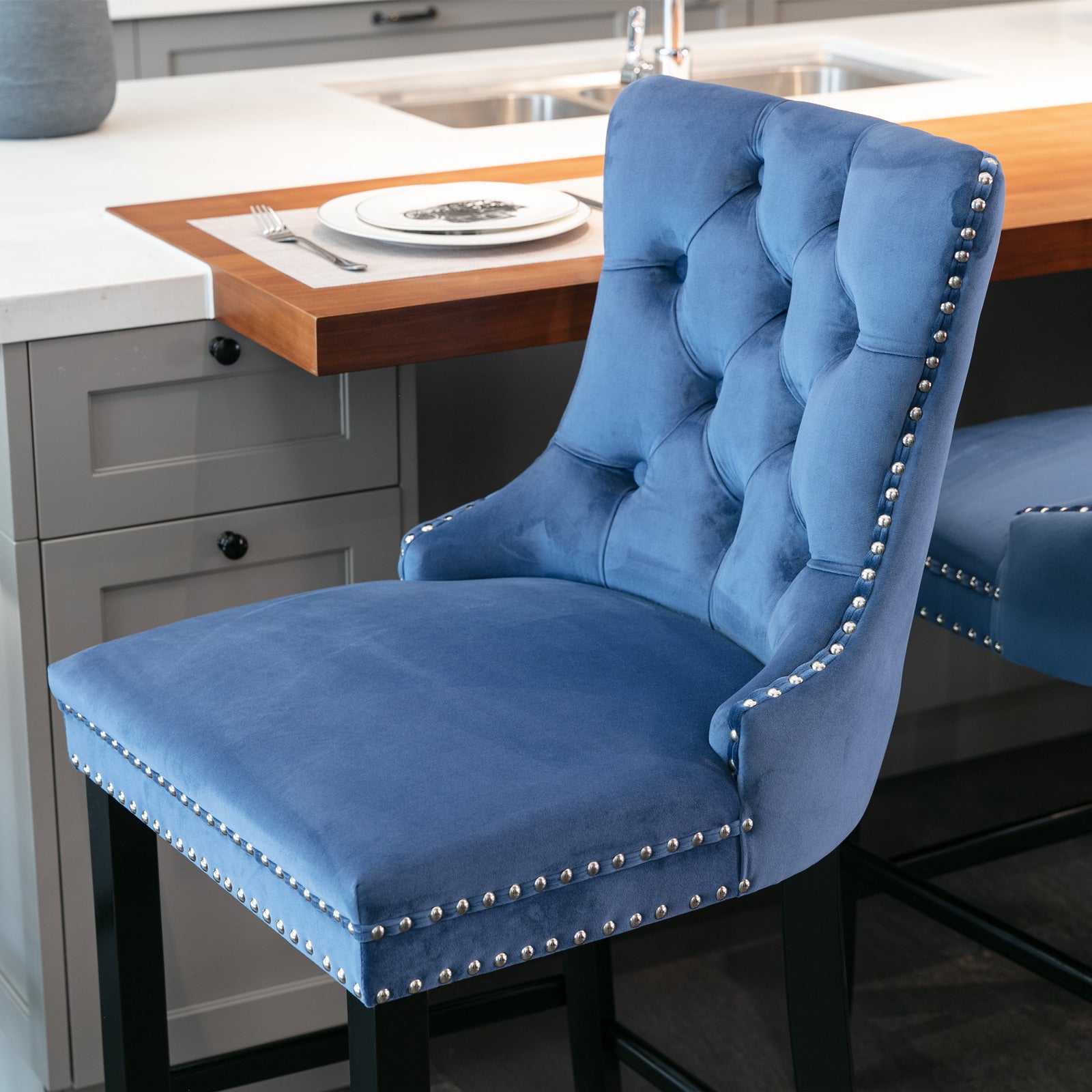 Contemporary Velvet Upholstered Barstools with Button Tufted Decoration and Wooden Legs, and Chrome Nailhead Trim, Leisure Style Bar Chairs,Bar stools, Set of 2 (Blue),SW2002BL - Grand Goldman Shop