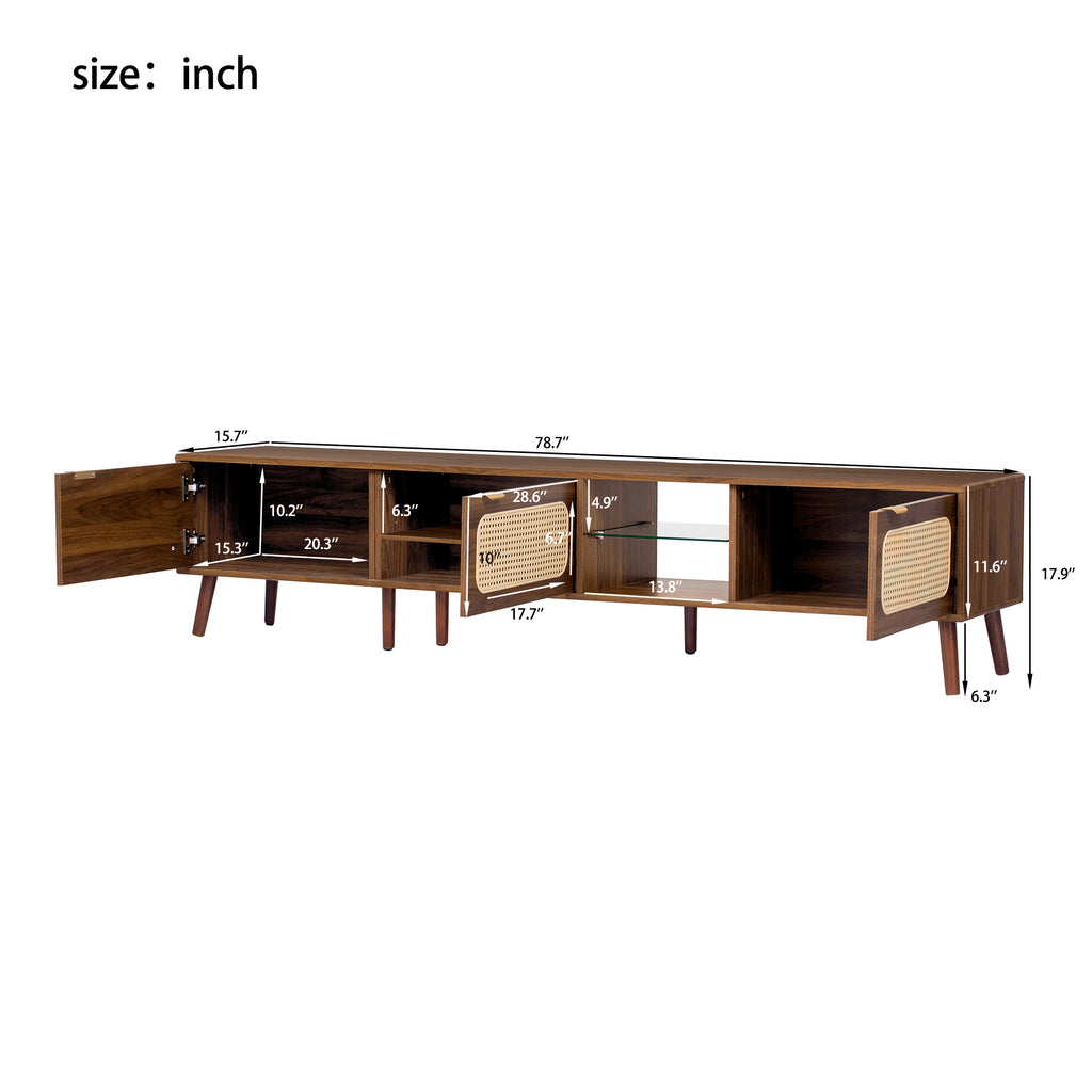 78' TV Stand for 75/80/85 inch TV with Walnut Finish, Ample Storage and Open Shelving in Solid Wood and Glass - Grand Goldman Shop
