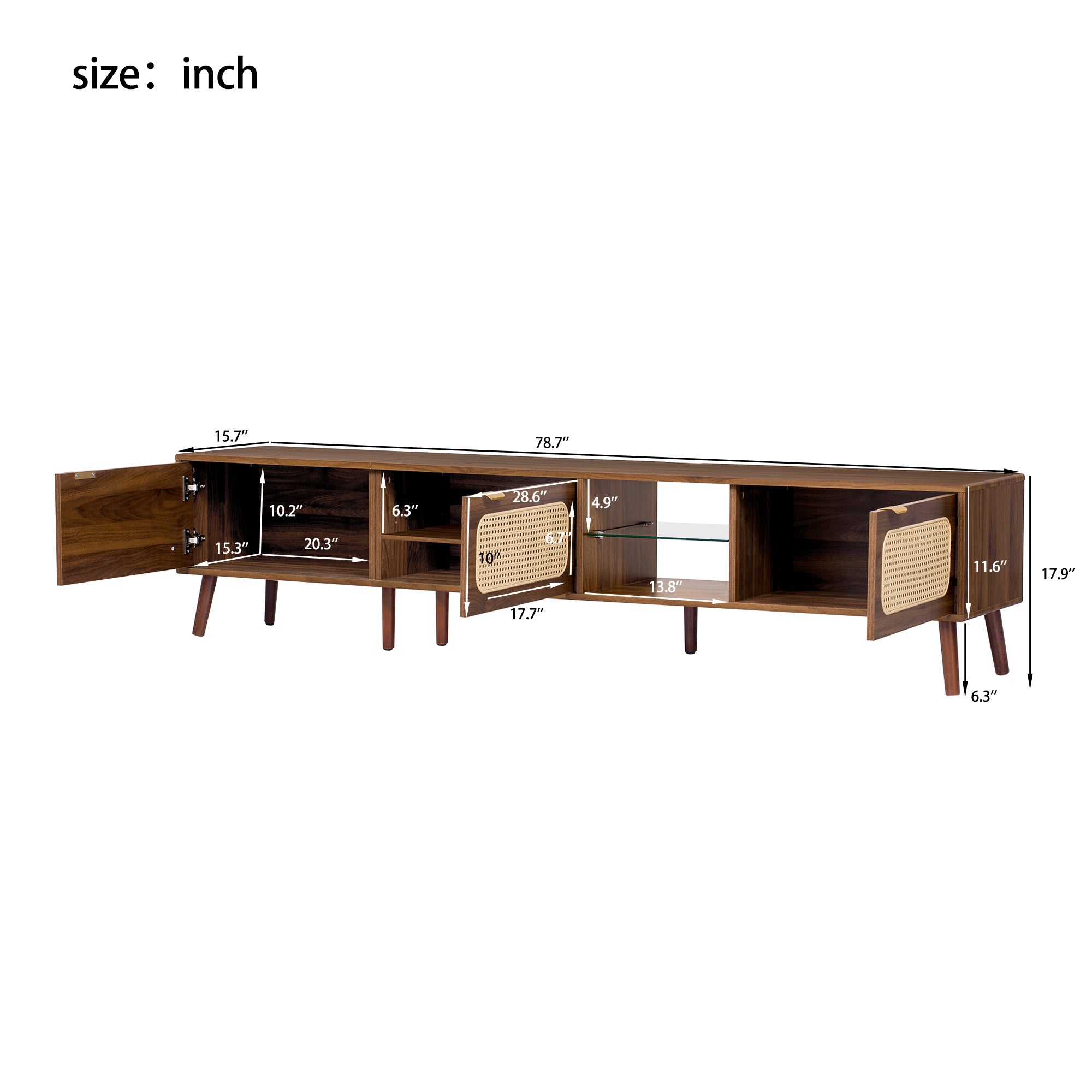 78' TV Stand for 75/80/85 inch TV with Walnut Finish, Ample Storage and Open Shelving in Solid Wood and Glass - Grand Goldman Shop
