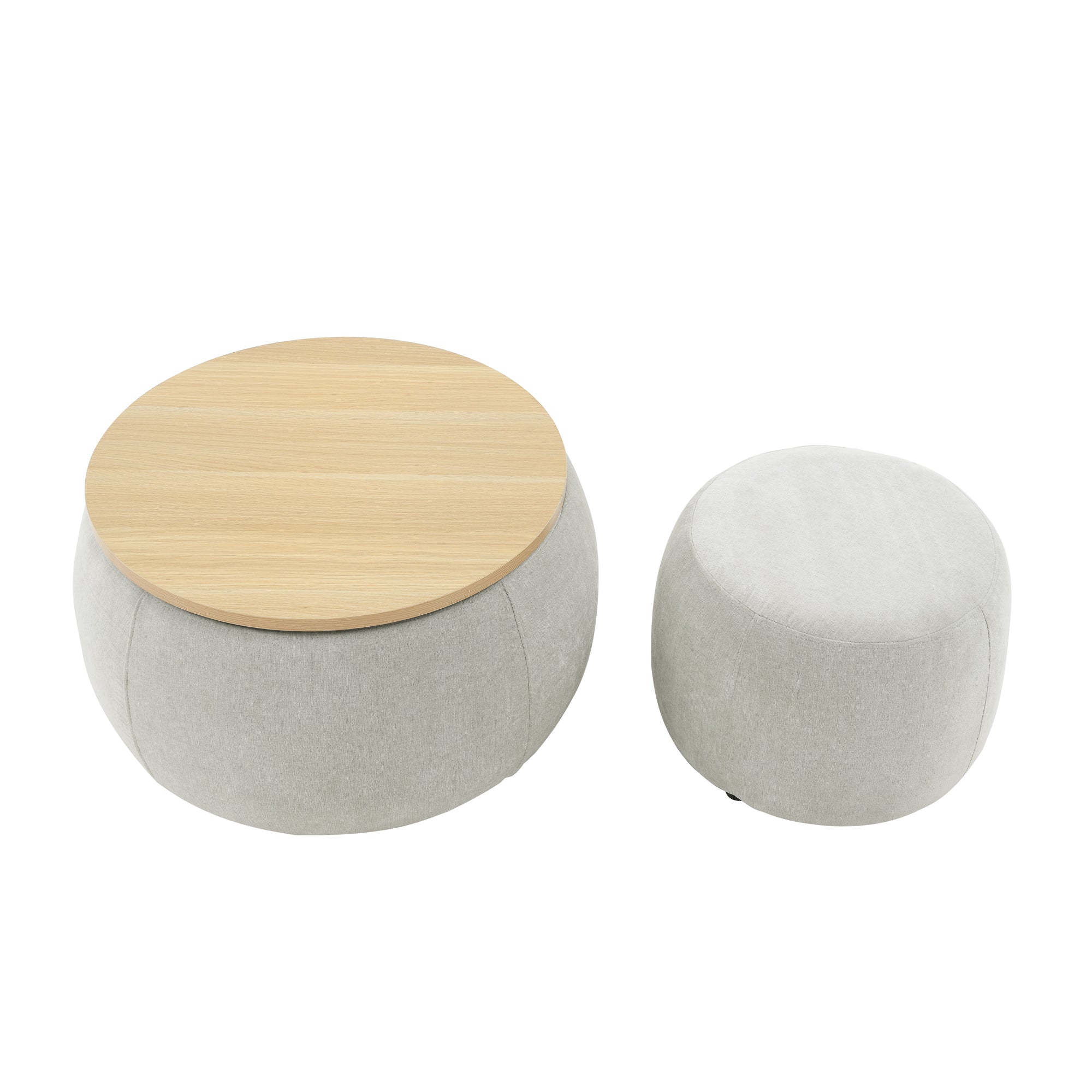Light Grey Round Storage Ottoman, 2 in 1 Function End Table and Ottoman with Small Seat, Eucalyptus Wood and Foam - Grand Goldman Shop