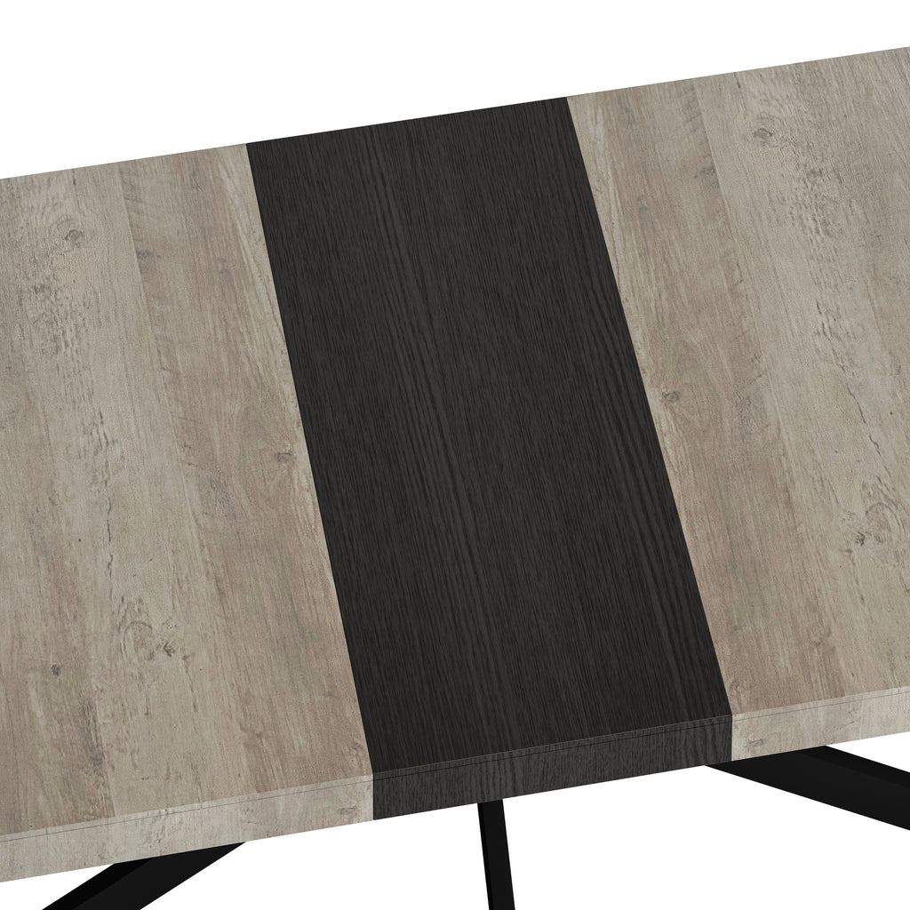 Retro Rectangular Stretch Dining Table in Grey Carole Top with Black Embossed Center Plate and Black Fine Sand Cross Iron Base, Storage Box Included, 55.11''-70.86'' Expandable - Grand Goldman Shop