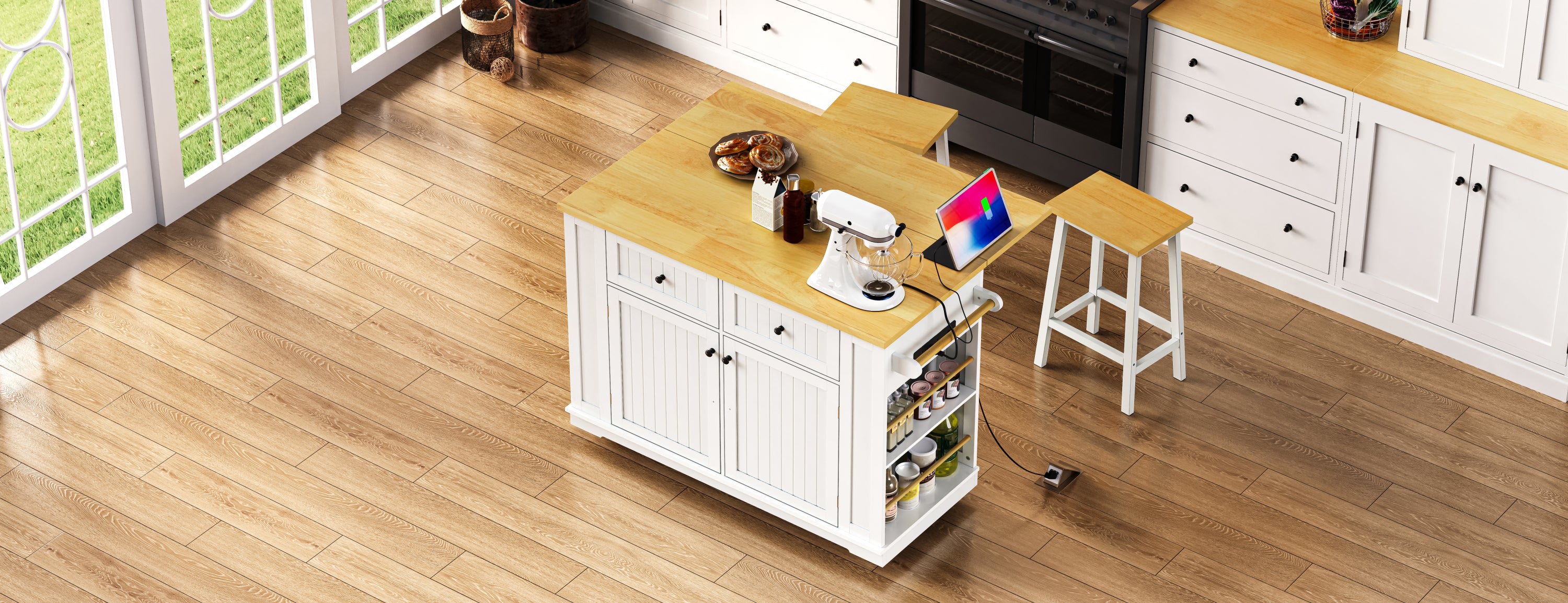 48 inch Kitchen Island with Drop Leaf,Power Outlet,Internal Storage Rack,Rolling Kitchen Storage Cart on 5 Wheels with 5 Open Side Racks for Kitchen,White (Old SKU N707P257057W)(Not Include Stools) - Grand Goldman Shop