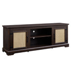 Farmhouse Rattan TV Stand Console Table for TVs up to 70 Inches, TV Console Table with 2 Storage Shelves, 2 Natural Rattan Door Cabinets, 65'W*15.55'D*23.86'H, Espresso - Grand Goldman Shop