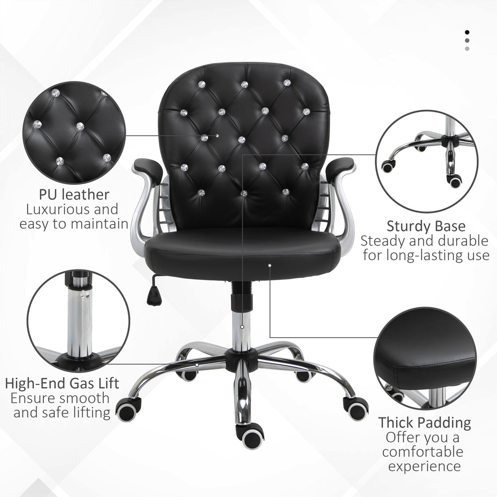 Vinsetto PU Leather Home Office Chair, Button Tufted Desk Chair with Padded Armrests, Adjustable Height and Swivel Wheels, Bl