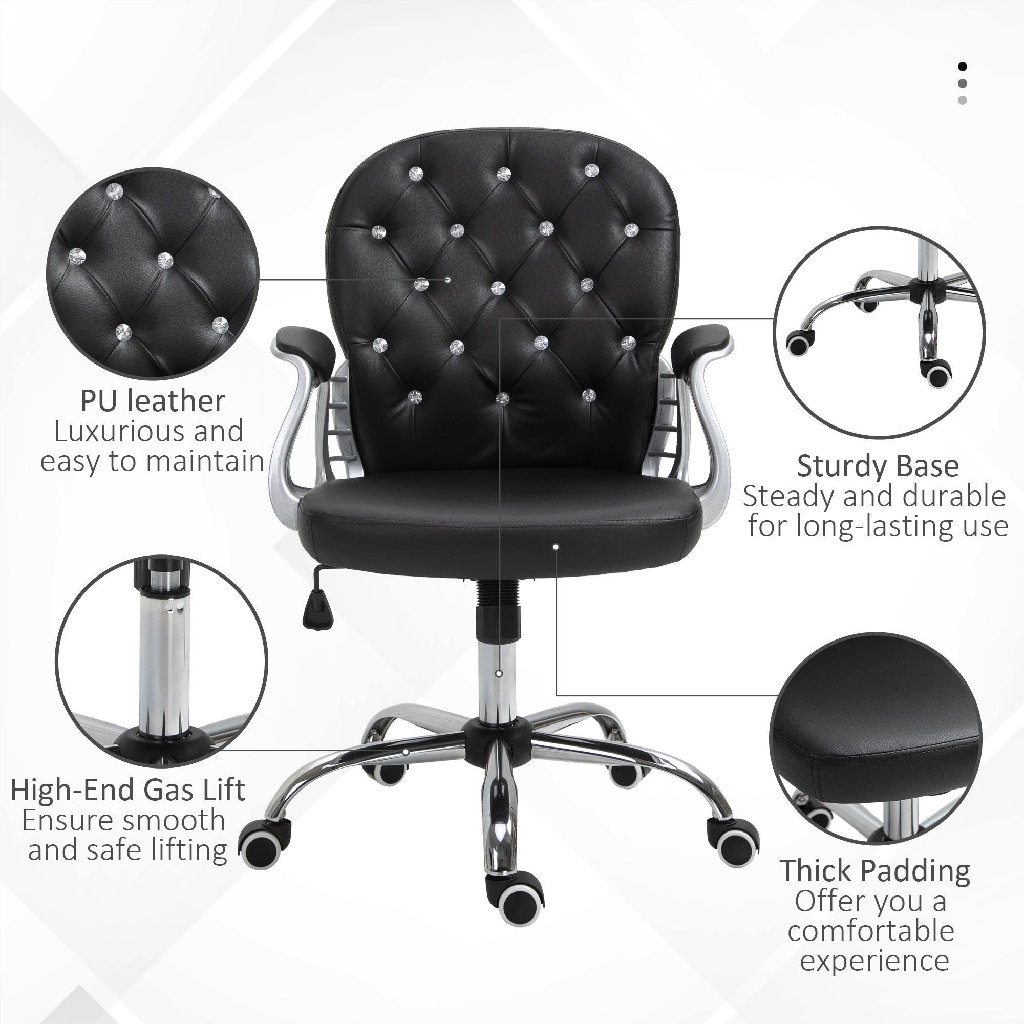 Vinsetto PU Leather Home Office Chair, Button Tufted Desk Chair with Padded Armrests, Adjustable Height and Swivel Wheels, Bl