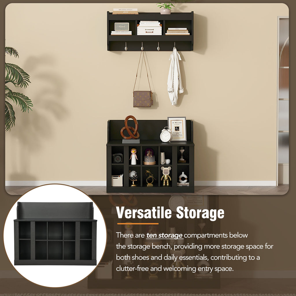 ON-TREND Shoe Storage Bench with Shelves and 4 Hooks, Elegant Hall Tree with Wall Mounted Coat Rack, Entryway Organizer For Hallway, Foyer, Mudroom, Black - Grand Goldman Shop