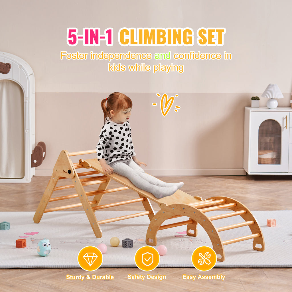 Pikler Triangle Set, 5 in 1 Toddler Climbing Toys Indoor Playground, Ramp, and Arch, Montessori Climbing Set with Triangle, L