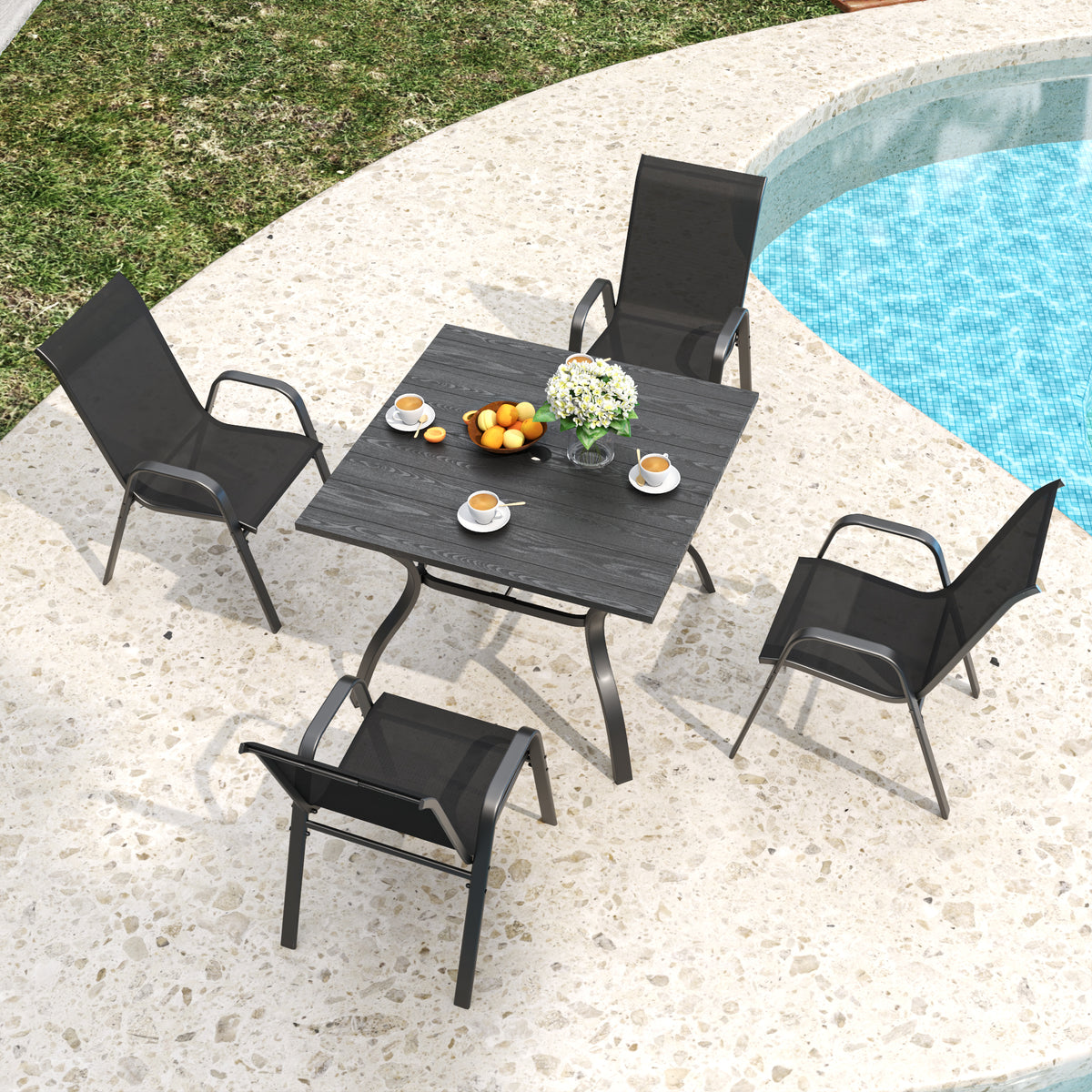 5-Piece Outdoor Patio Dining Set, Vintage Wood Grain Table with Umbrella Hole + 4 Ergonomic Stacking Chairs 350LB Capacity, Waterproof Textilene Fabric, for Garden Yard Balcony Patio Restaurant
