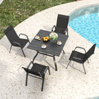 5-Piece Outdoor Patio Dining Set, Vintage Wood Grain Table with Umbrella Hole + 4 Ergonomic Stacking Chairs 350LB Capacity, Waterproof Textilene Fabric, for Garden Yard Balcony Patio Restaurant
