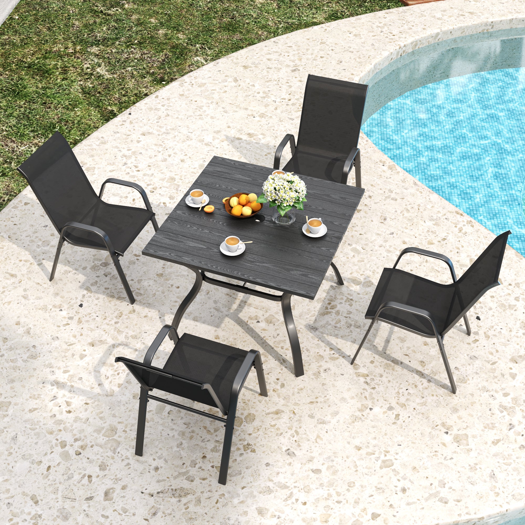 5-Piece Outdoor Patio Dining Set, Vintage Wood Grain Table with Umbrella Hole + 4 Ergonomic Stacking Chairs 350LB Capacity, Waterproof Textilene Fabric, for Garden Yard Balcony Patio Restaurant