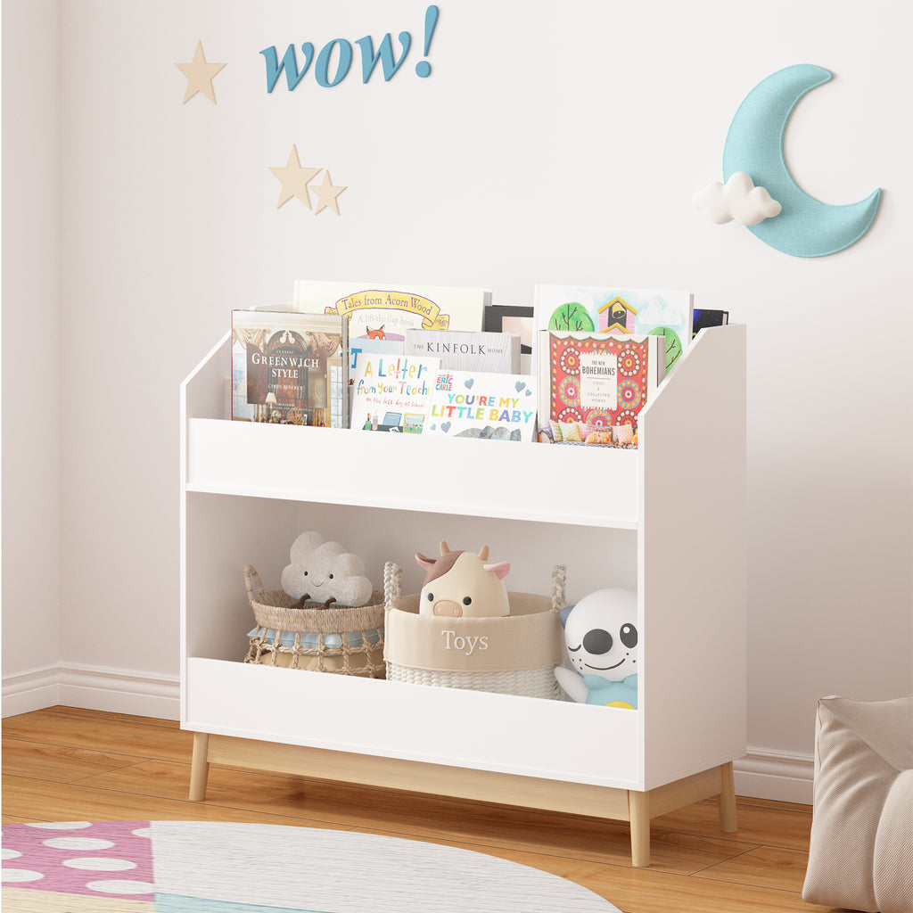 White Wooden Kids Bookcase Organizer with Storage, 3-Tier Toddler Book Display Shelf for Bedroom or Playroom | Premium Home D