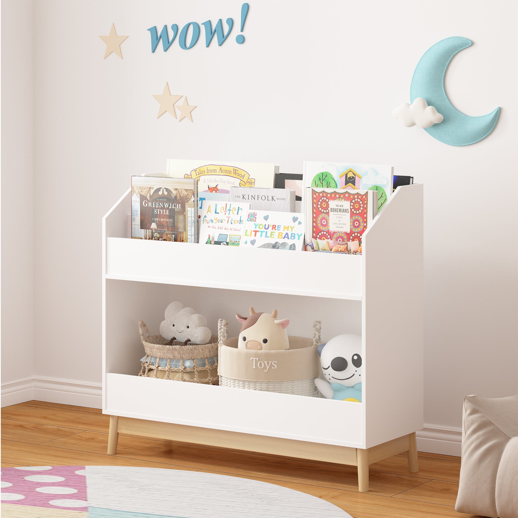 White Wooden Kids Bookcase Organizer with Storage, 3-Tier Toddler Book Display Shelf for Bedroom or Playroom | Premium Home D