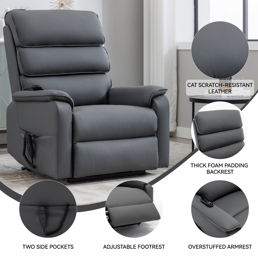 Grey Cat-proof Leather Dual Motor Infinite Position Up to 350 LBS Power Lift Recliner Chair with Power-Remote, Heat Massage and Heavy Duty Motion Mechanism - Grand Goldman Shop