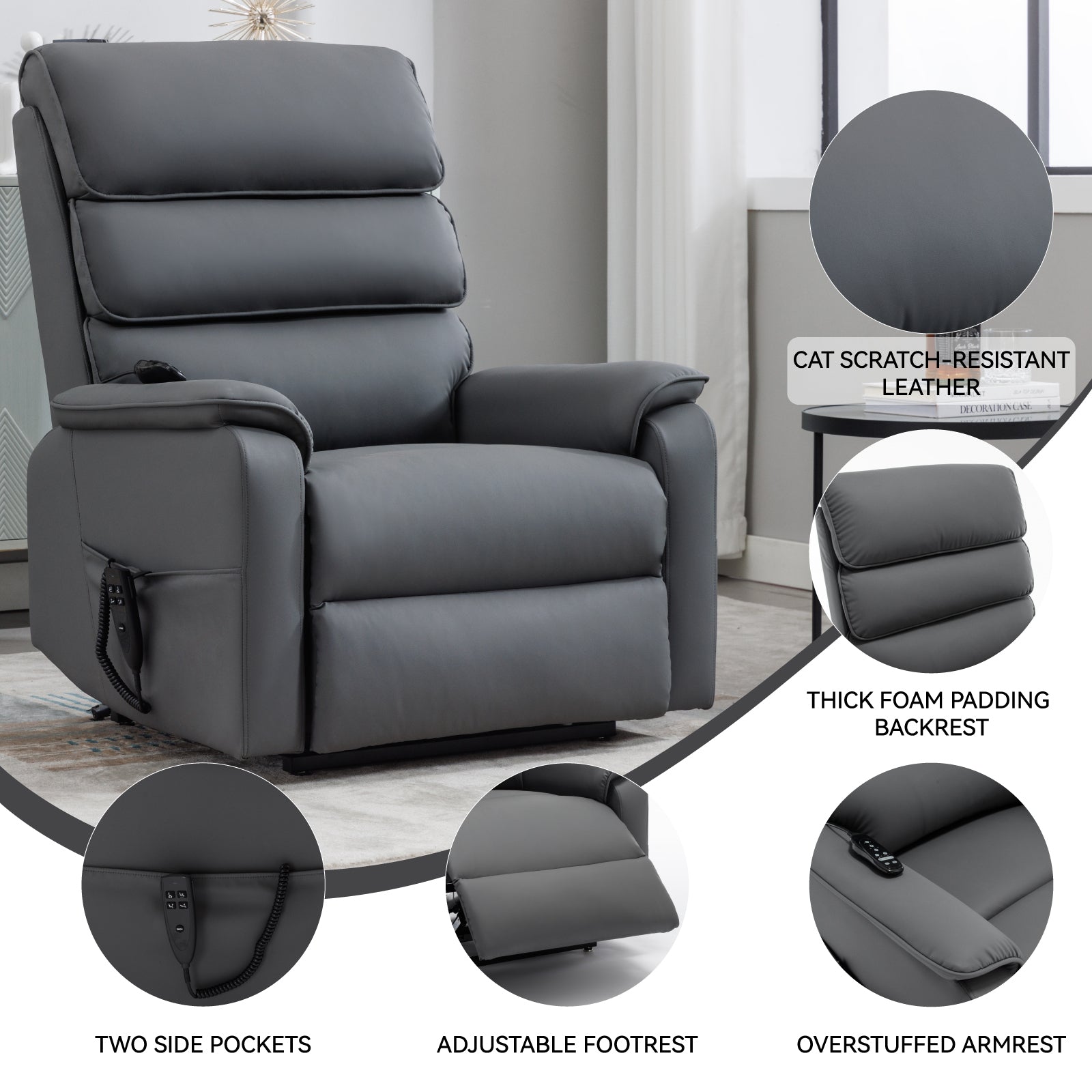 Grey Cat-proof Leather Dual Motor Infinite Position Up to 350 LBS Power Lift Recliner Chair with Power-Remote, Heat Massage and Heavy Duty Motion Mechanism - Grand Goldman Shop