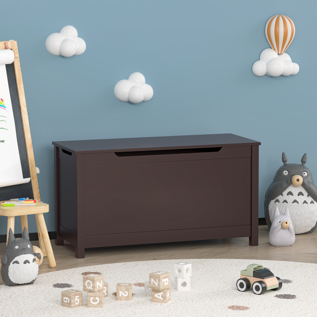 Kids Wooden Toy Box Storage with Safety Hinged Lid for Ages 2+ (Coffee) - Grand Goldman