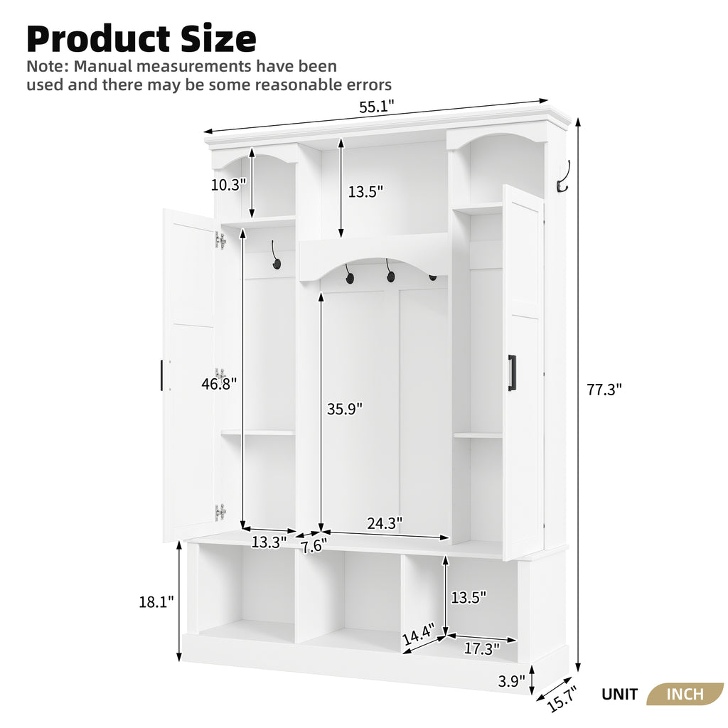 ON-TREND Modern All-in-One Hall Tree with Adjustable Shelves, Classic Arched Farmhouse Storage Bench with Dual Side Cabinets, Elegant Entryway Organizer with 7 Hooks for Mudroom, Hallway, White - Grand Goldman Shop