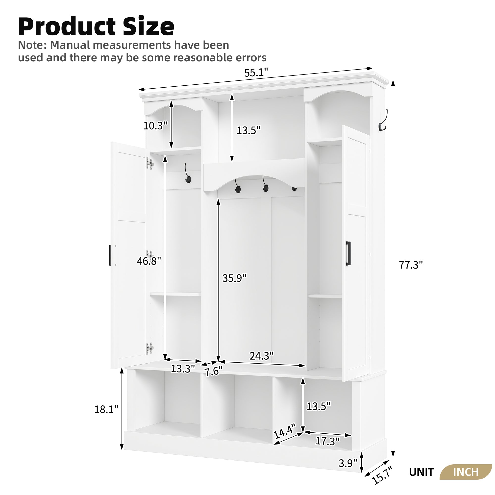 ON-TREND Modern All-in-One Hall Tree with Adjustable Shelves, Classic Arched Farmhouse Storage Bench with Dual Side Cabinets, Elegant Entryway Organizer with 7 Hooks for Mudroom, Hallway, White - Grand Goldman Shop