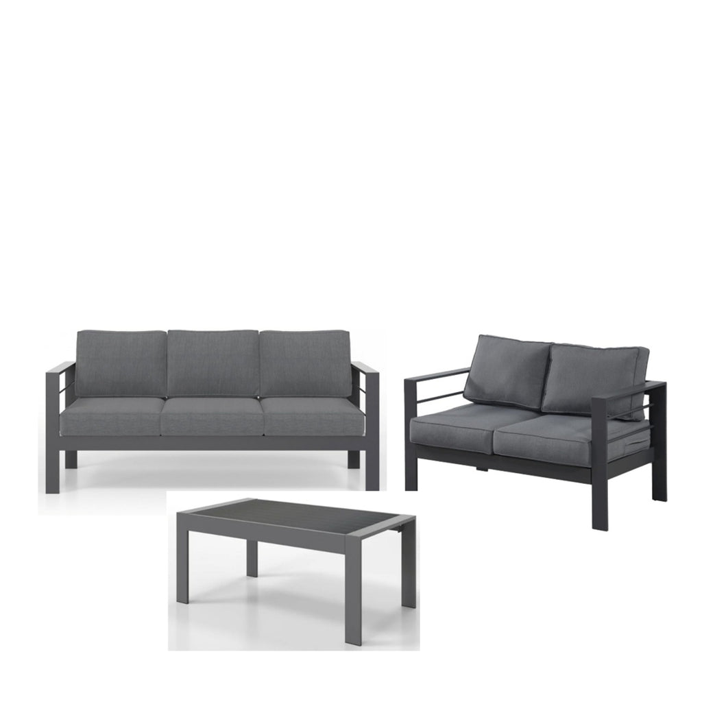 3-teiliges modernes Aluminium-Terrassen-Sofa-Set mit dunkelgrauem Gestell, blauen Kissen und WPC-Couchtisch – 5-Sitzer Outdoor-Sofa-Set