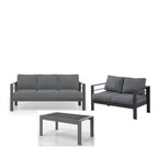 3-teiliges modernes Aluminium-Terrassen-Sofa-Set mit dunkelgrauem Gestell, blauen Kissen und WPC-Couchtisch – 5-Sitzer Outdoor-Sofa-Set