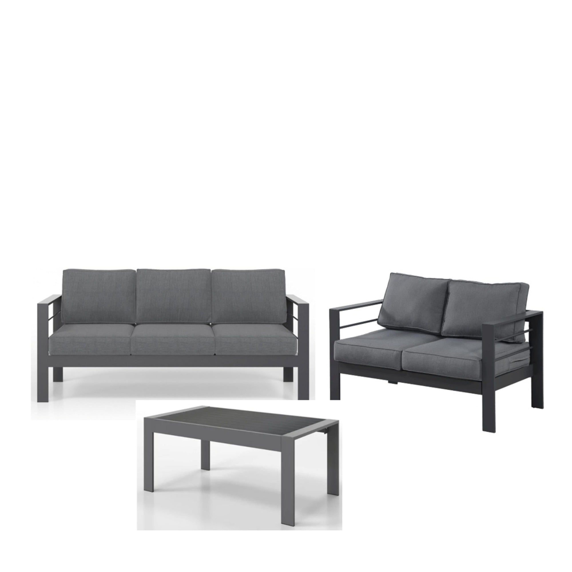 3-teiliges modernes Aluminium-Terrassen-Sofa-Set mit dunkelgrauem Gestell, blauen Kissen und WPC-Couchtisch – 5-Sitzer Outdoor-Sofa-Set
