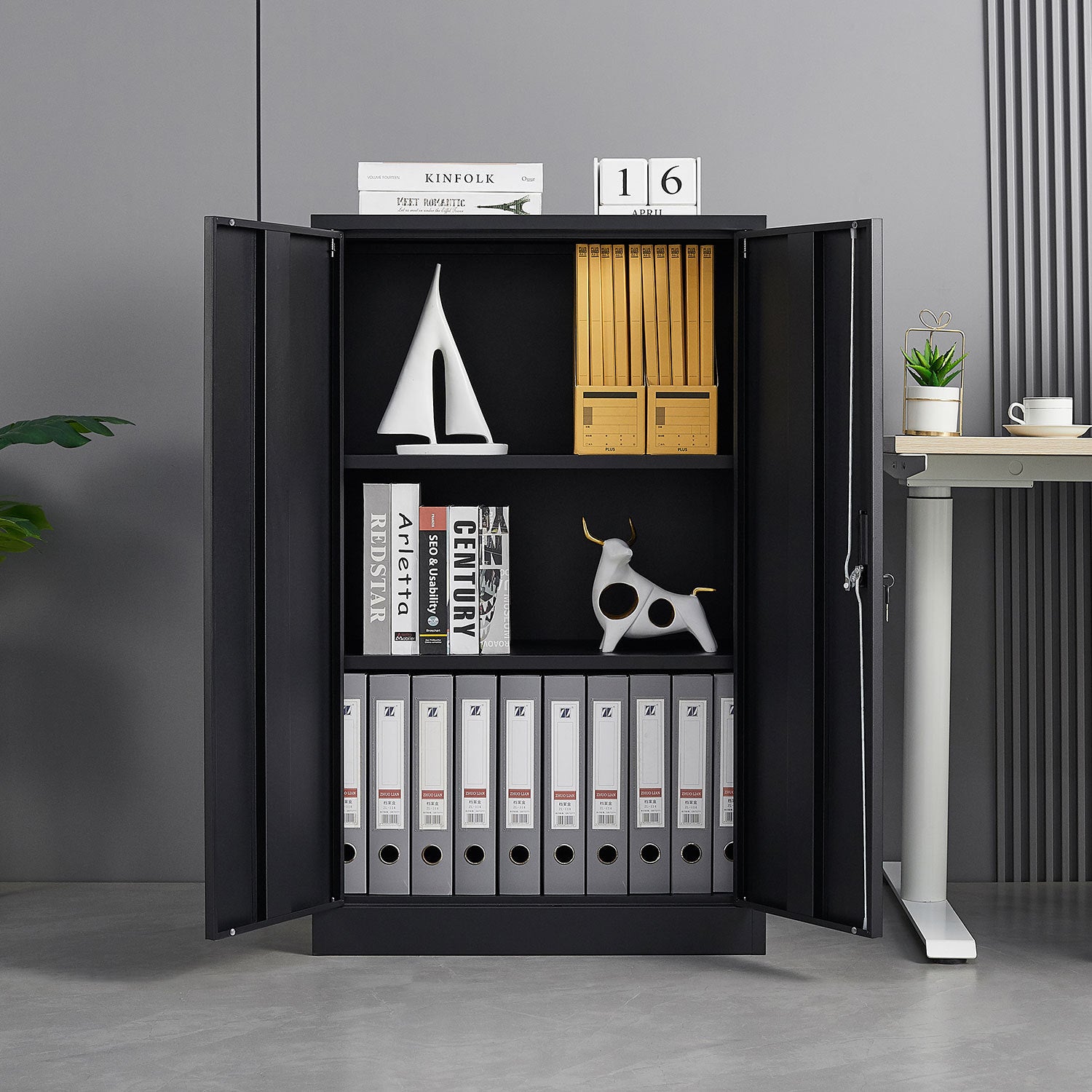 Black Metal Storage Cabinet with Locking Doors and Adjustable Shelf, Folding Filing Locker for Home Office, School, Garage, S