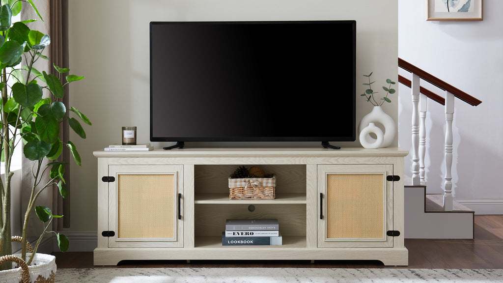 Farmhouse Rattan TV Stand Console Table for TVs up to 70 Inches, TV Console Table with 2 Storage Shelves, 2 Natural Rattan Door Cabinets,65'W*15.55'D*23.86'H, White - Grand Goldman Shop