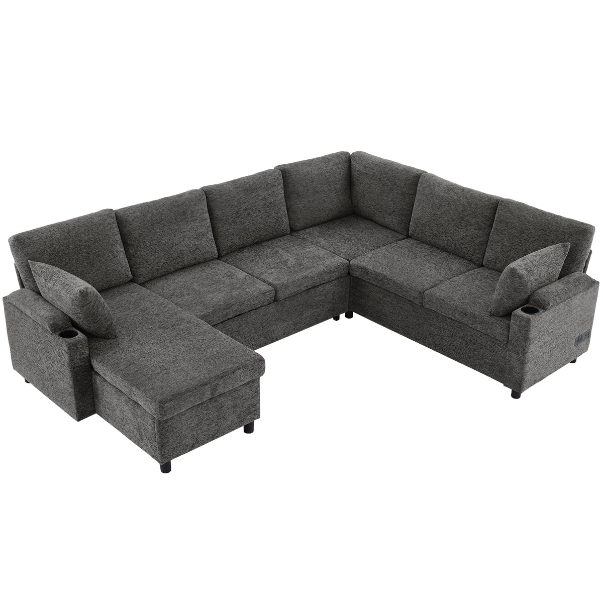 Versatile U-Shaped Sectional Sofa Bed with Storage, Cup Holders, Charging Ports in Grey Chenille - Grand Goldman Shop