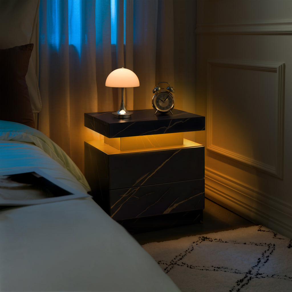 Nightstand LED Bedside Table Cabinet Lights Modern End Side with 2 Drawers for Bedroom (Black Gold) - Grand Goldman Shop