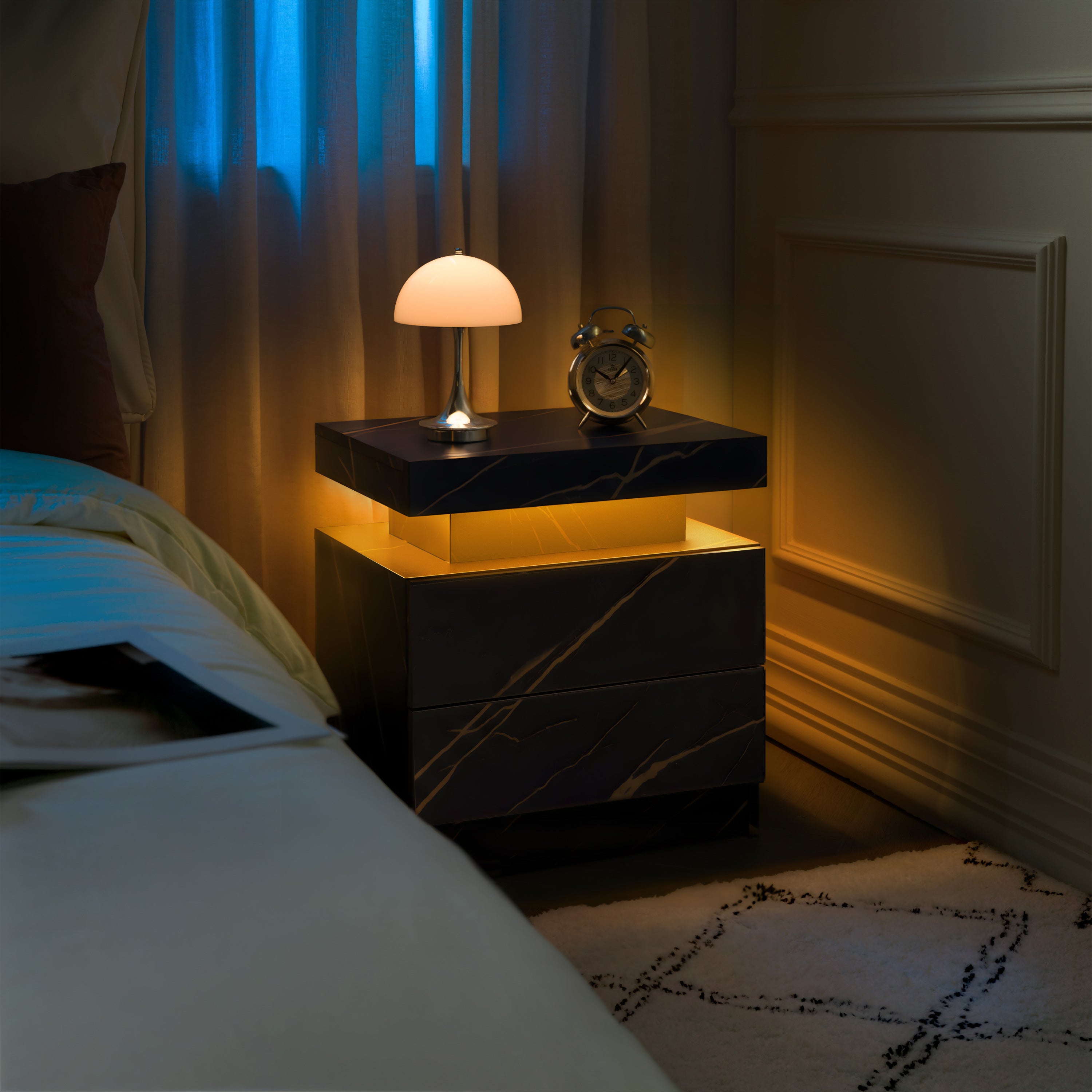 Nightstand LED Bedside Table Cabinet Lights Modern End Side with 2 Drawers for Bedroom (Black Gold) - Grand Goldman Shop