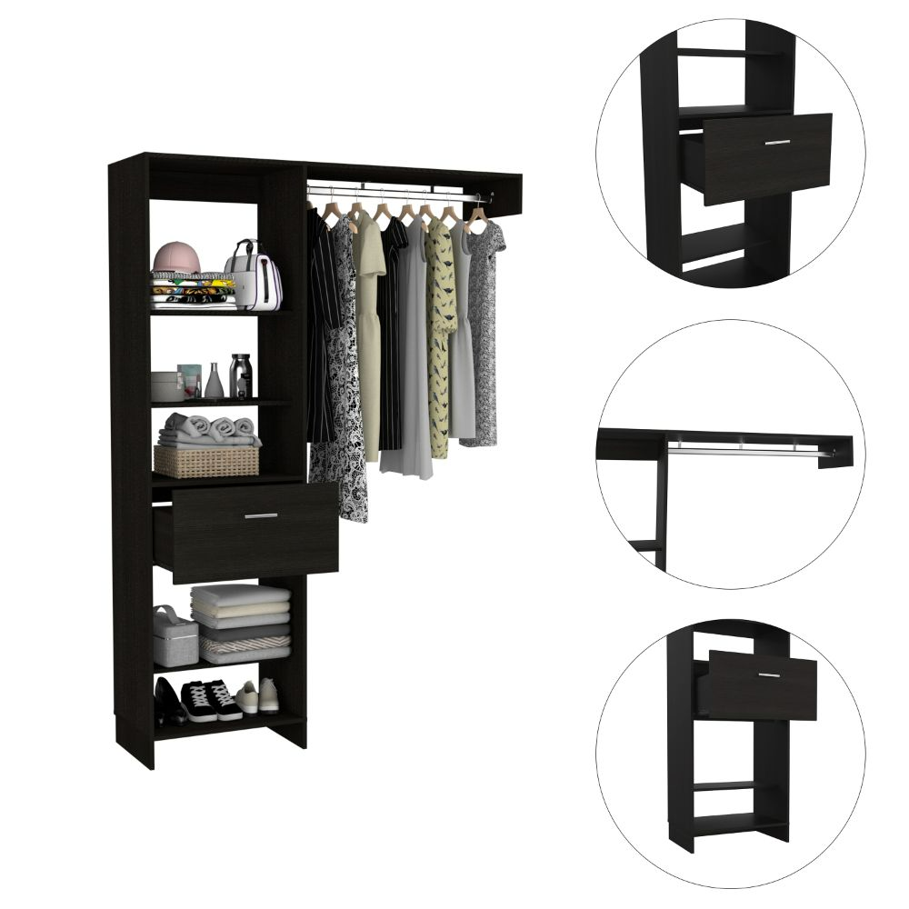 Manchester 150 Closet System, Metal Rod, Five Open Shelves, One Drawer -Black - Grand Goldman Shop