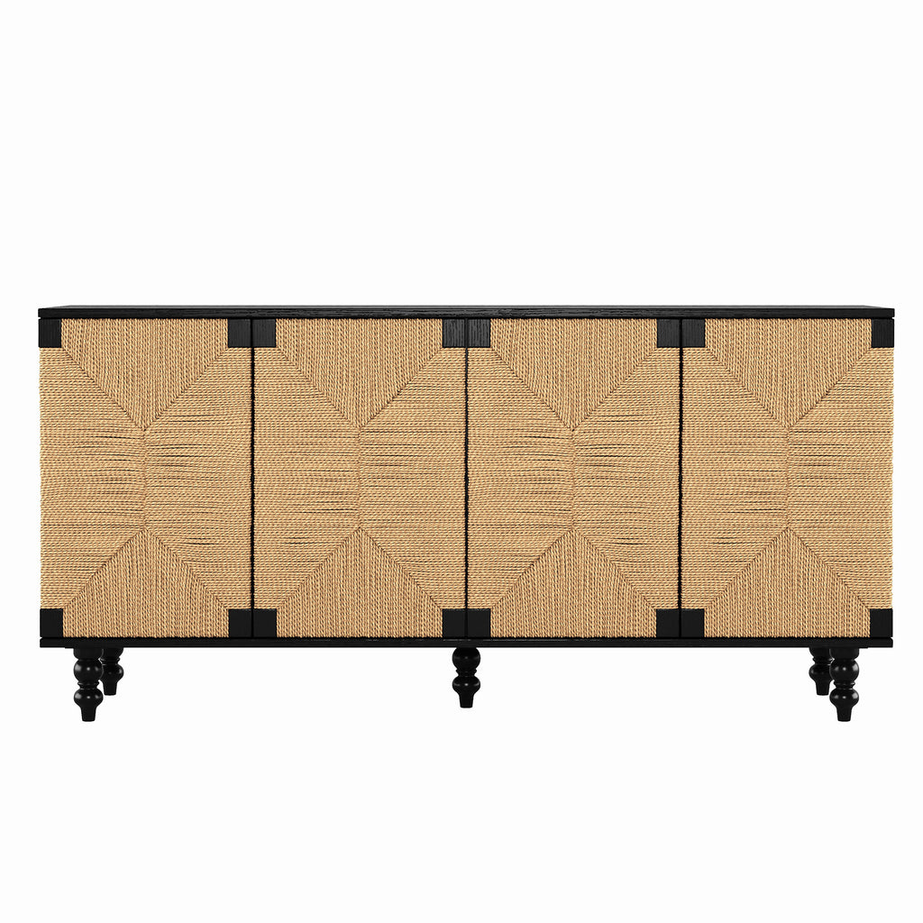 Accent Natural Sideboard Buffet Cabinet Storage Wood TV Stand in Wire-Brushed and Seagrass Doors Sideboard, for Hallway, Entryway or Dining Room - Grand Goldman Shop