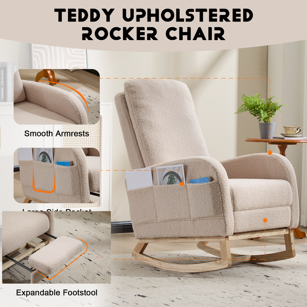 Modern Accent Rocking Chair Rocking Chair with Solid Wood Legs, Upholstered Nursery Glider Rocker Side Pocket and Footrest, Living Room Lounge Arm Chair with High Backrest (beige,teddy) - Grand Goldman Shop