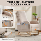 Modern Accent Rocking Chair Rocking Chair with Solid Wood Legs, Upholstered Nursery Glider Rocker Side Pocket and Footrest, Living Room Lounge Arm Chair with High Backrest (beige,teddy) - Grand Goldman Shop