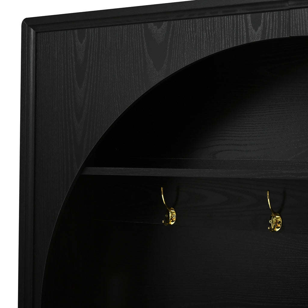 ON-TREND Farmhouse All-in-One Hall Tree with Adjustable Shelves, Retro Arched Entryway Storage Bench with 3 Cabinets, Wooden Coat Rack Organizer with 4 Golden Hooks for Mudroom, Hallway, Black - Grand Goldman Shop