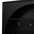 ON-TREND Farmhouse All-in-One Hall Tree with Adjustable Shelves, Retro Arched Entryway Storage Bench with 3 Cabinets, Wooden Coat Rack Organizer with 4 Golden Hooks for Mudroom, Hallway, Black - Grand Goldman Shop