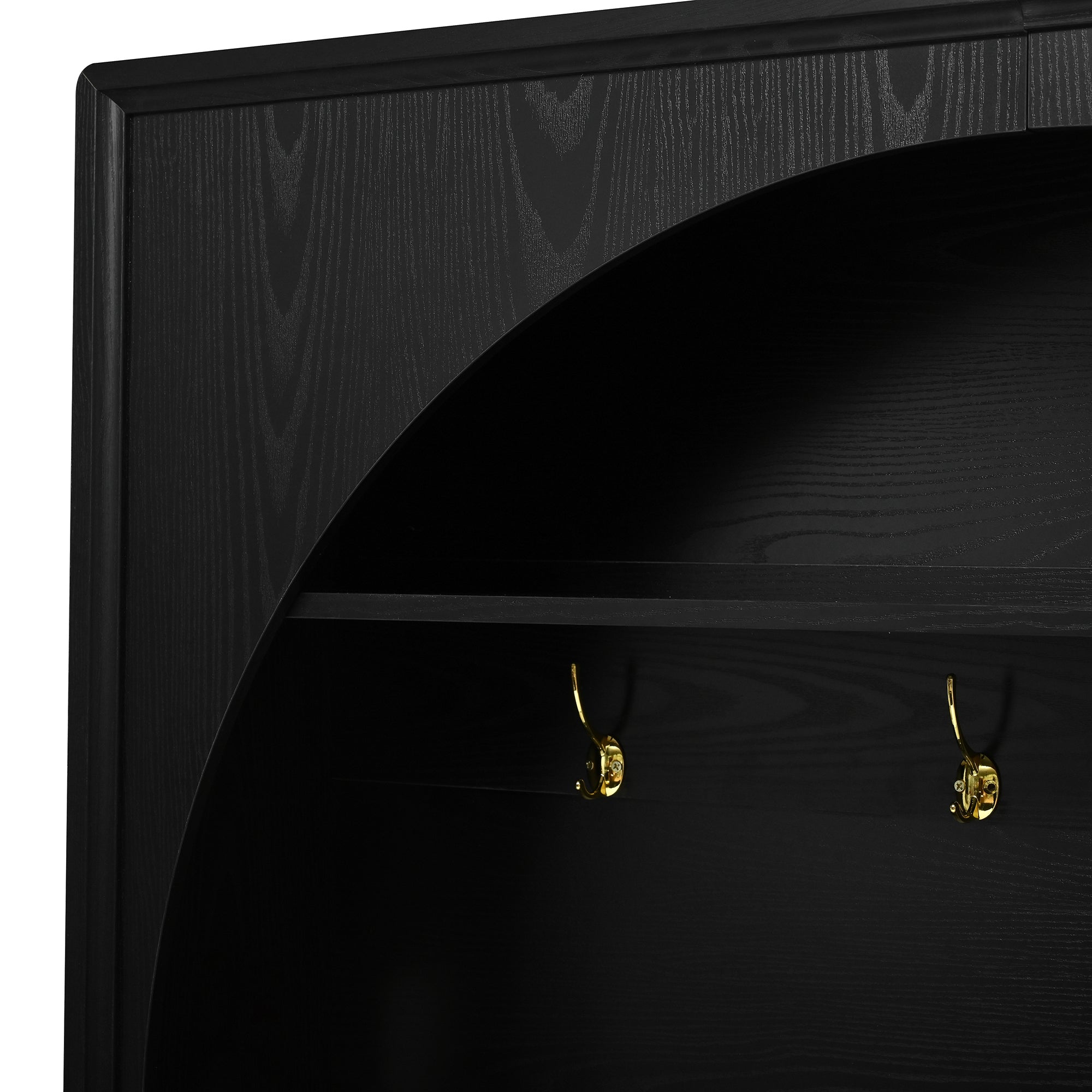 ON-TREND Farmhouse All-in-One Hall Tree with Adjustable Shelves, Retro Arched Entryway Storage Bench with 3 Cabinets, Wooden Coat Rack Organizer with 4 Golden Hooks for Mudroom, Hallway, Black - Grand Goldman Shop