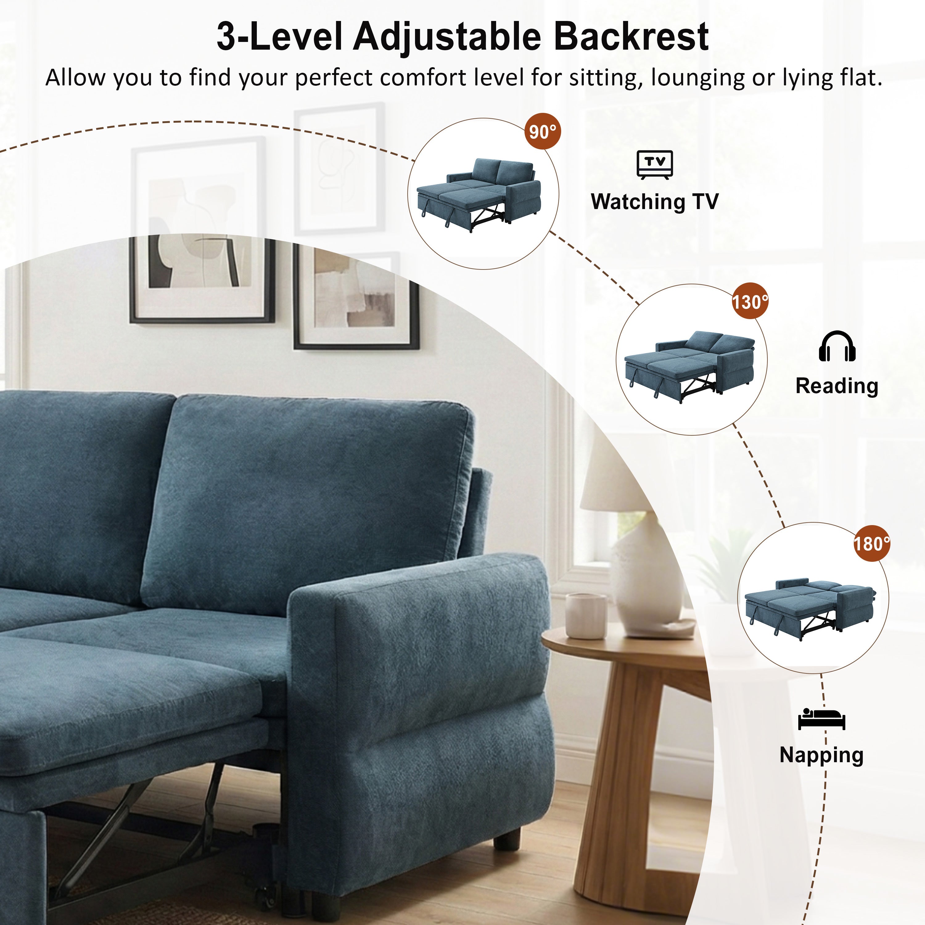 Convertible Sofa Bed 62.75' Loveseat with Adjustable Backrest and USB Ports in Blue Chenille Fabric - Grand Goldman Shop