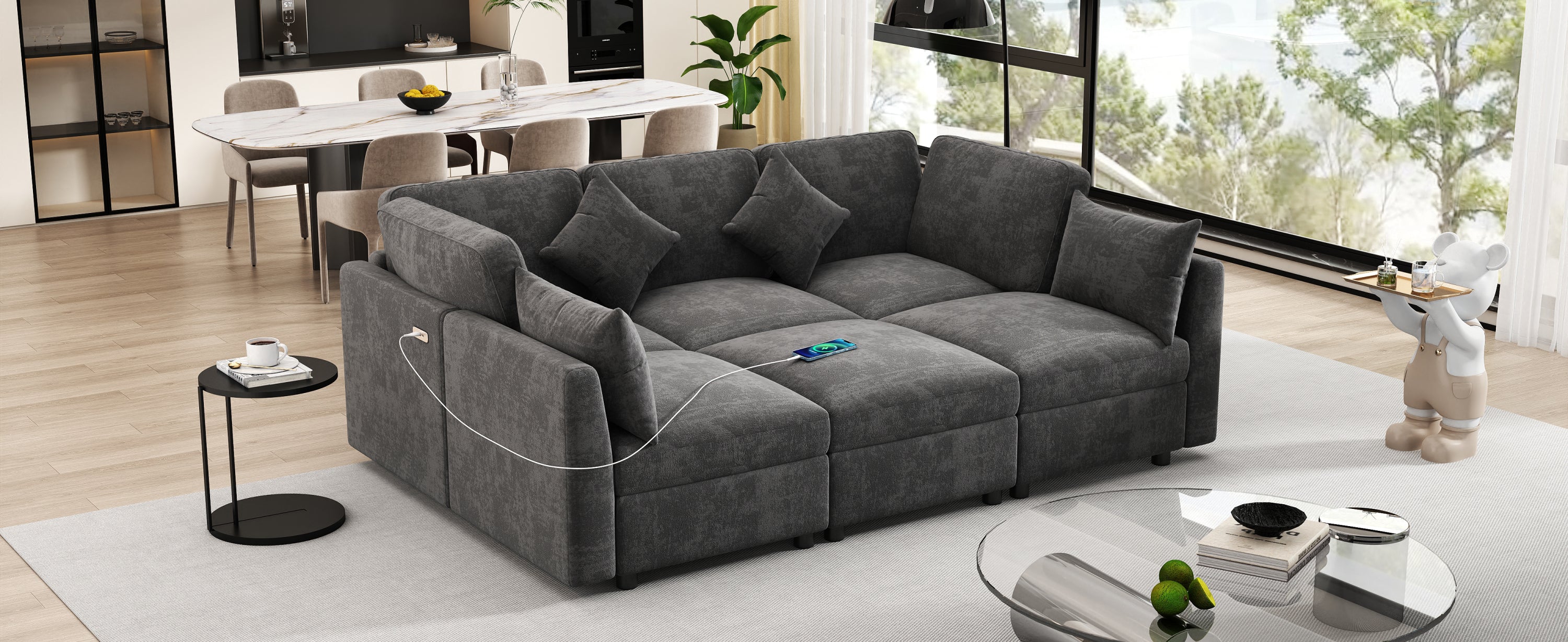 Stylish Modular U-Shaped Sectional Sofa with USB Ports, Black Chenille, 86.6' - Grand Goldman Shop