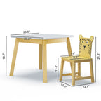 Kids Wood Table and Chair Set with Cartoon Animals Design, White Solid Wood & MDF Furniture for Ages 3-8, 5-Piece Table and C
