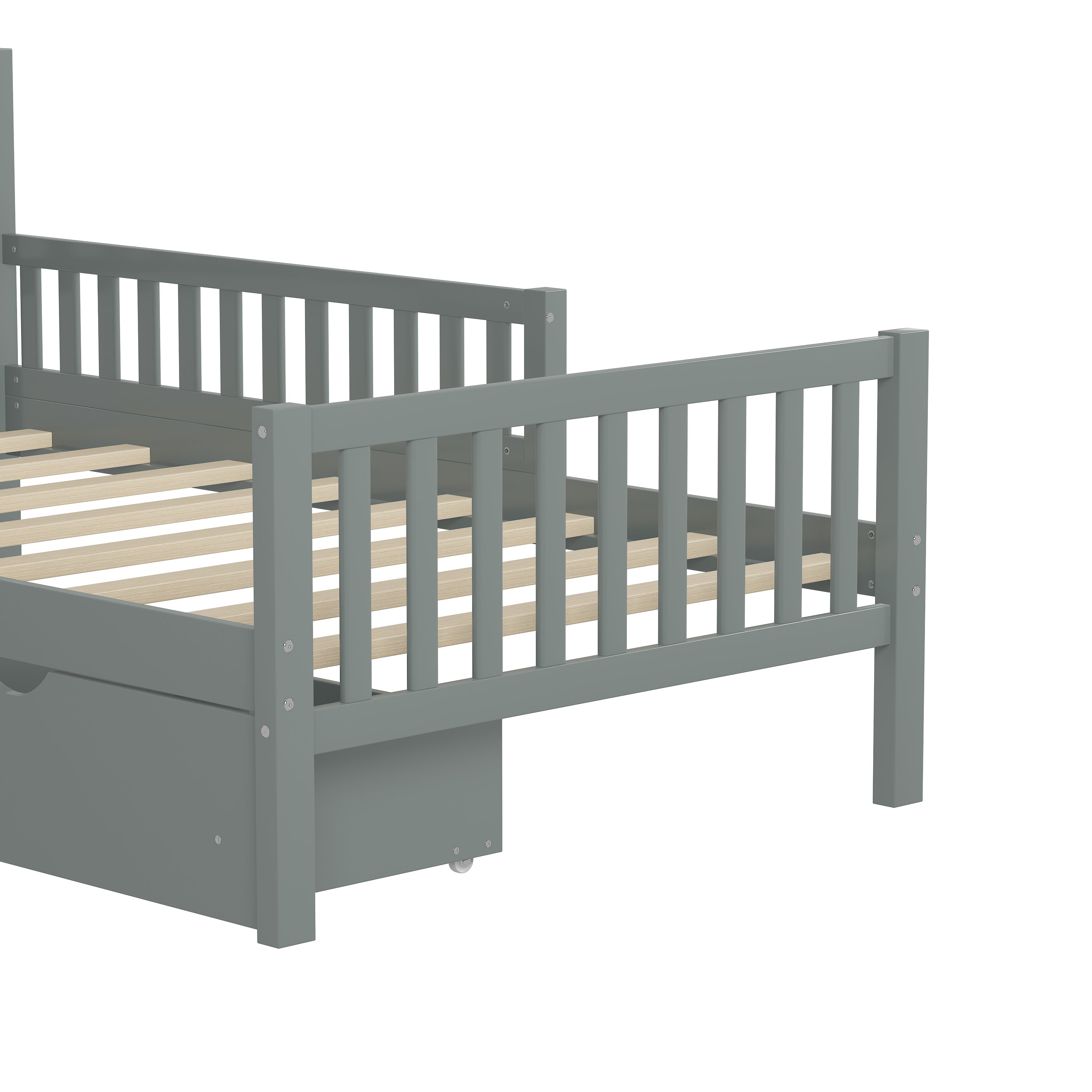 Twin Size Wood Platform Bed with Guardrails on Both Sides and Two Storage Drawers, Gray - Grand Goldman Shop