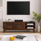 59 Inch Mid Century Modern Rattan TV Stand for 65 Inch TV, Entertainment Cabinet, Media Console for Living Room Media Room, Solid Wood Feet & Rattan Cabinet Doors - Dark Wood - Grand Goldman Shop