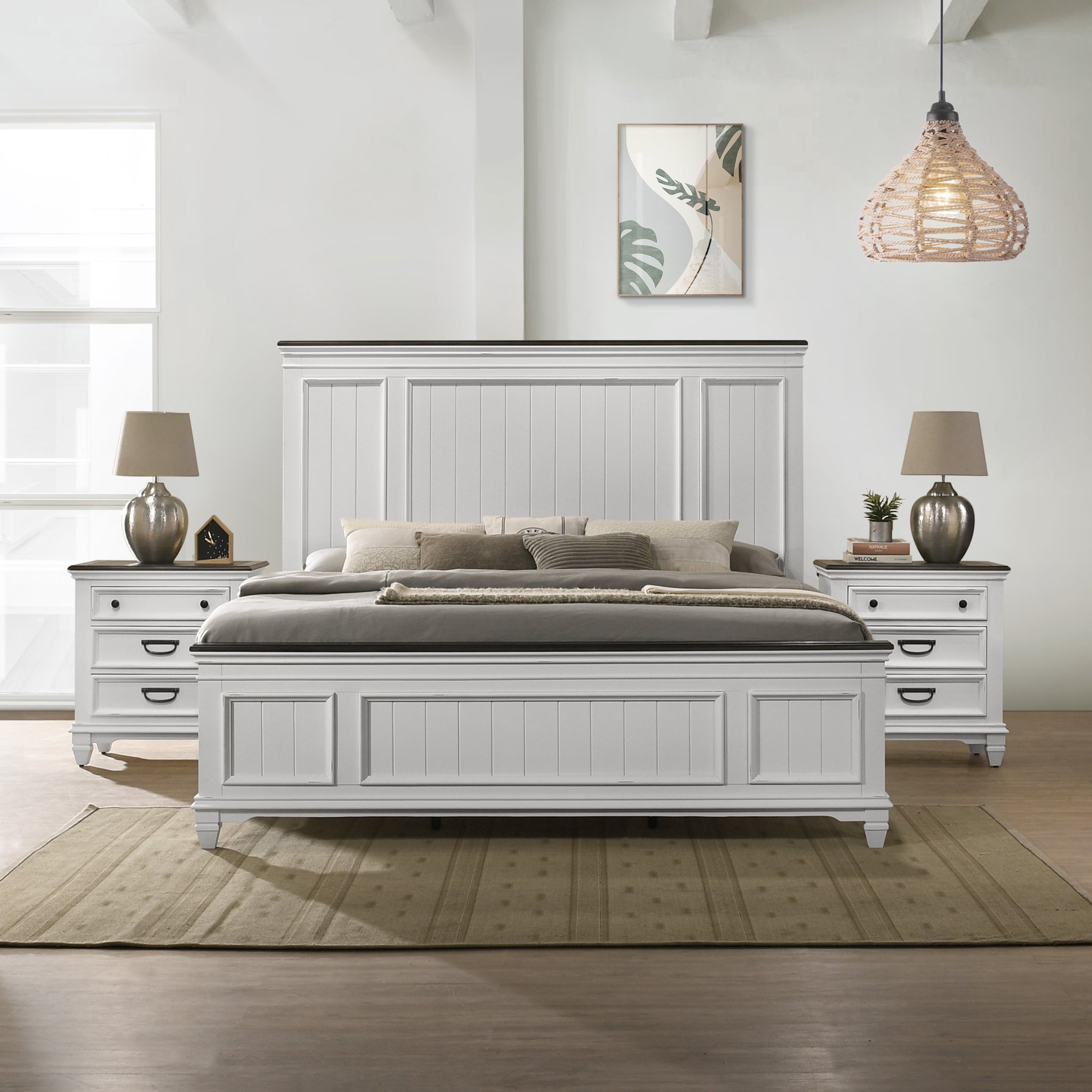 Clelane 3-Piece Wood Bedroom Set, Shiplap Panel King Bed and 2 Nightstands - Grand Goldman Shop