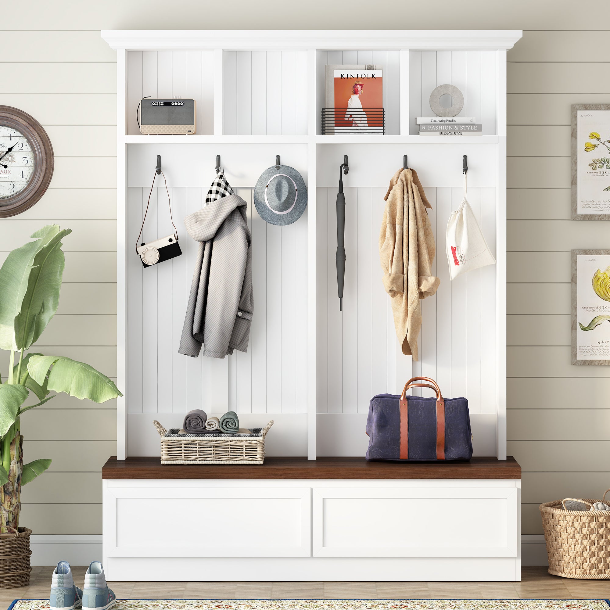 Farmhouse 4-in-1 Hall Tree with Wood Grain Bench, Mudroom Versatile Coat Rack with 2 Large Drawer, Entrance Organizer for Hallway, Living Room, White, 55.9'W (OLD SKU: N721P313099K) - Grand Goldman Shop