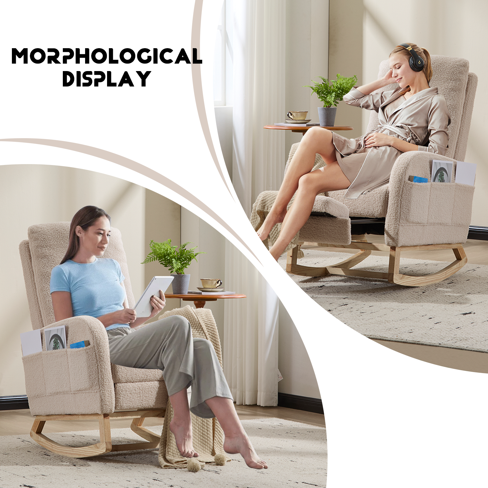 Modern Accent Rocking Chair Rocking Chair with Solid Wood Legs, Upholstered Nursery Glider Rocker Side Pocket and Footrest, Living Room Lounge Arm Chair with High Backrest (beige,teddy) - Grand Goldman Shop