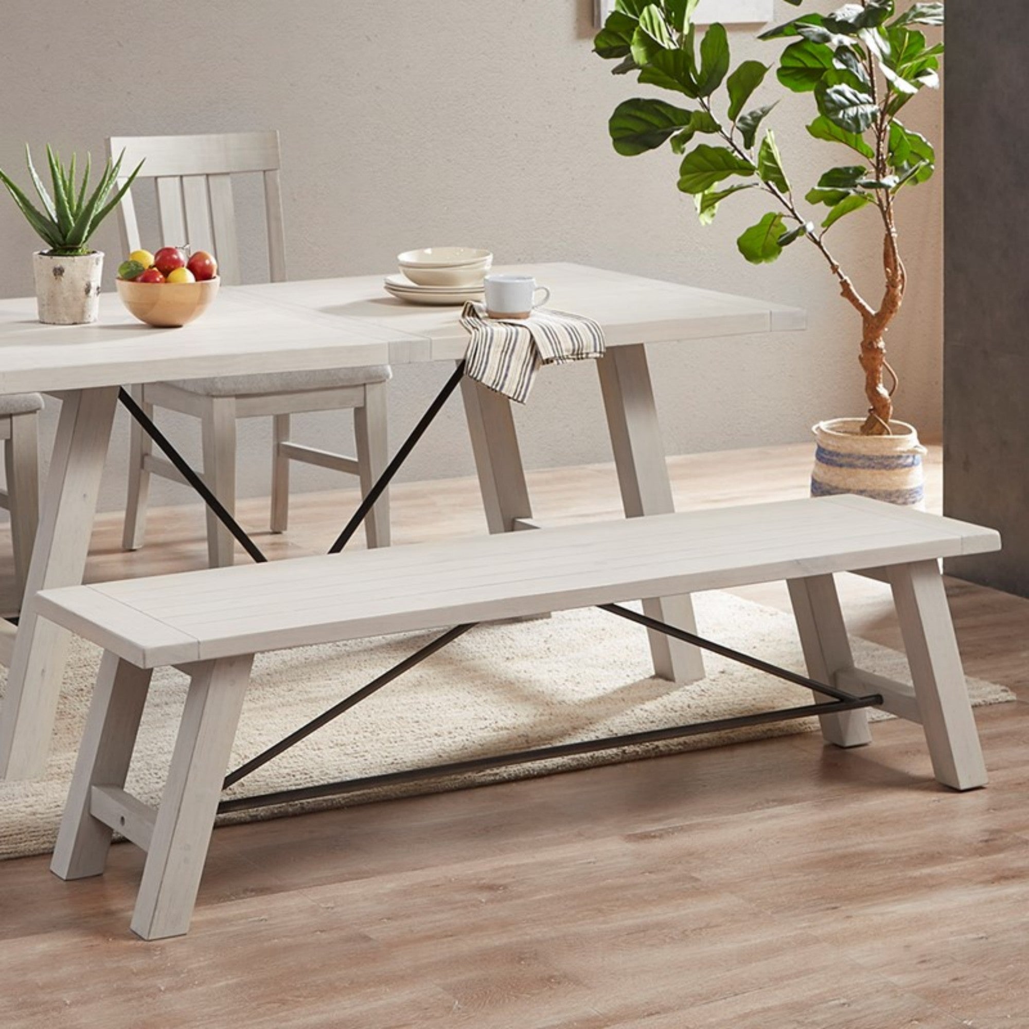 Sonoma Dining Bench Rustic Style Solid Wood White Wash Finish 66x17x18 inches - Grand Goldman Shop