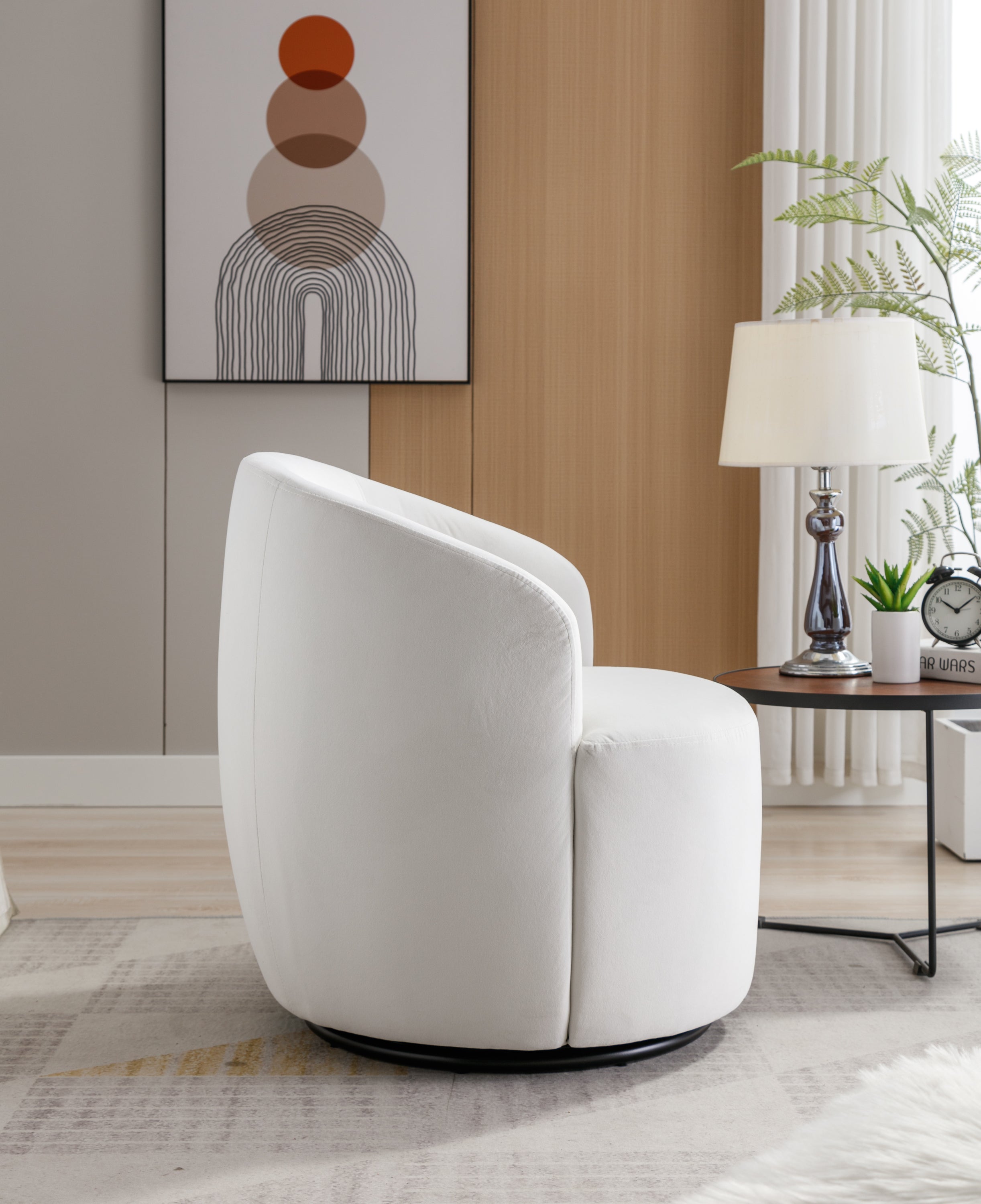 Velvet Fabric Swivel Accent Armchair Barrel Chair With Black Powder Coating Metal Ring,White - Grand Goldman Shop