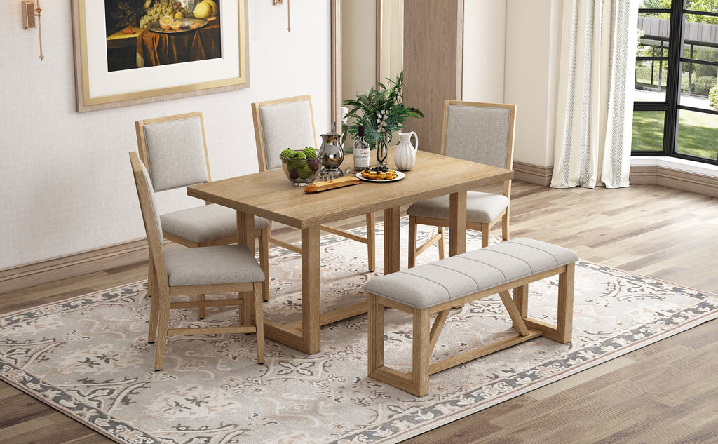 TREXM 6-Piece Retro Dining Table Set for 6, 60' Wood Kitchen Table and Chairs Set of 4 with Bench Designed Trestle Base for kitchen & Dining Room (Natural) - Grand Goldman Shop